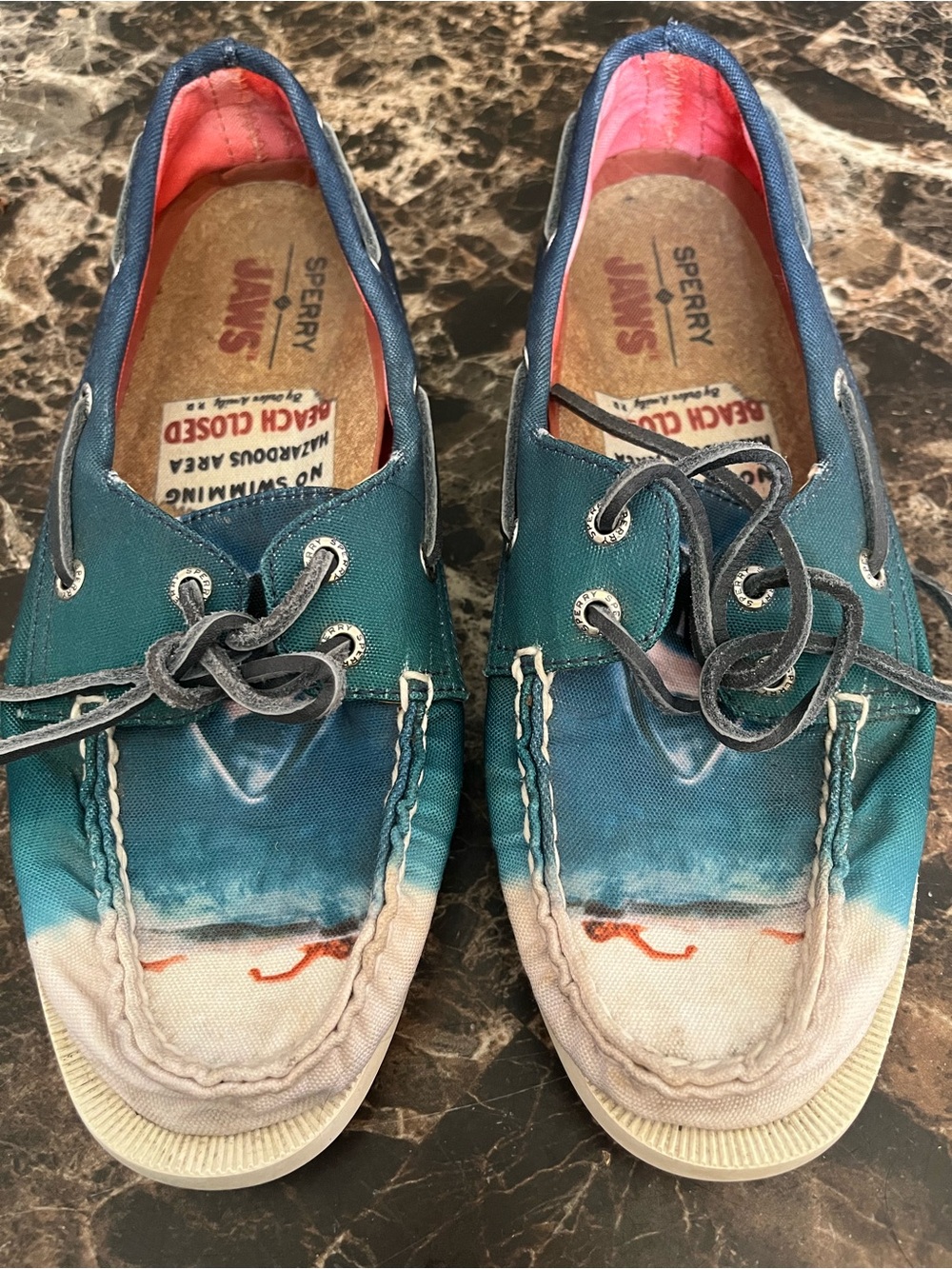 JAWS design Sebago Teal Canvas Boat Shoes with Coral Lining and Red Insole